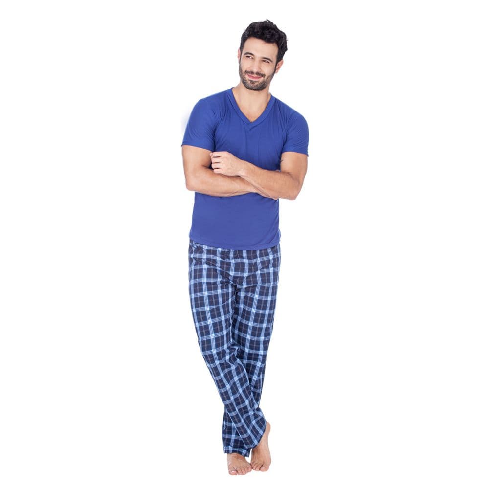 Pijama Hombre Manga Corta Pantalon Largo Azul